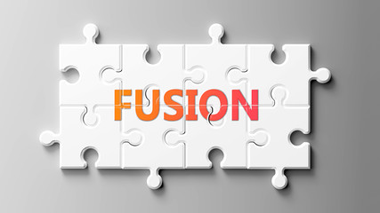 Fusion complex like a puzzle - pictured as word Fusion on a puzzle pieces to show that Fusion can be difficult and needs cooperating pieces that fit together, 3d illustration