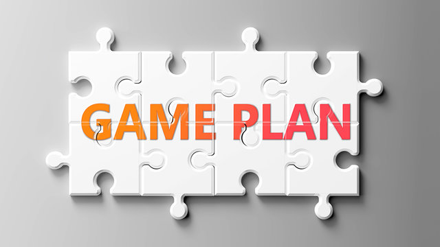 Game plan complex like a puzzle - pictured as word Game plan on a puzzle pieces to show that Game plan can be difficult and needs cooperating pieces that fit together, 3d illustration