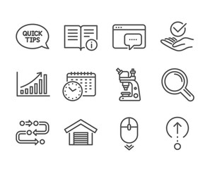 Set of Technology icons, such as Graph chart, Microscope, Quickstart guide, Methodology, Research, Seo message, Scroll down, Calendar time, Swipe up, Technical info, Parking garage. Vector