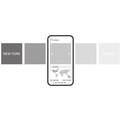 Order tracking carousel interface delivery mobile application template smartphone with world map, mockup transport tracking monochrome tiled design