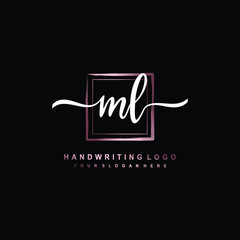 ML Initial handwriting logo design with brush box lines dark pink color gradation. handwritten logo for fashion, team, wedding, luxury logo.