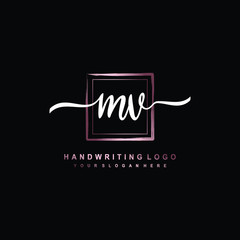 MV Initial handwriting logo design with brush box lines dark pink color gradation. handwritten logo for fashion, team, wedding, luxury logo.