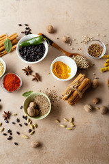 Various aroma spice and seasoning in small bowls