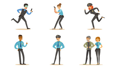 Fototapeta na wymiar Men And Women Police Characters In Different Poses And Actions Vector Illustration Set Isolated On White Background