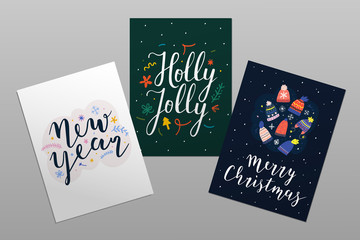 Merry Christmas and happy new year card  templates with lettering. Holly jolly calligraphy with doodle illustrations. Abstract design layouts, pre-made postcards with typography, posters or sticker.