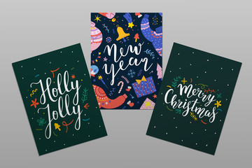 Collection of christmas card templates with hand drawn illustrations and handwritten lettering with congratulation text. Happy new year and merry christmas printable design for postcard or banner.