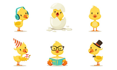 Cute Animated Chickens In Different Poses Vector Illustration Set Cartoon Character