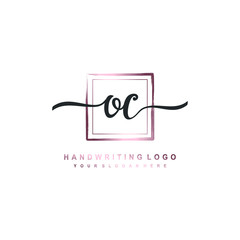 OC Initial handwriting logo design with brush box lines dark pink color gradation. handwritten logo for fashion, team, wedding, luxury logo.