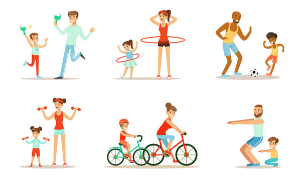 Joint Activity Of Parents And Children, Sports And Exercises Vector Illustration Set Isolated On White Background