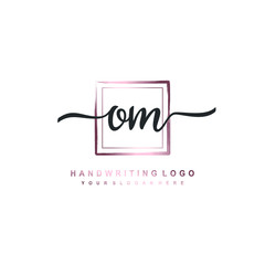 OM Initial handwriting logo design with brush box lines dark pink color gradation. handwritten logo for fashion, team, wedding, luxury logo.