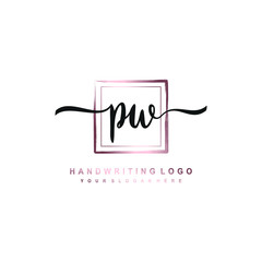 PW Initial handwriting logo design with brush box lines dark pink color gradation. handwritten logo for fashion, team, wedding, luxury logo.