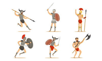 Roman Ancient Warrior Character In Armor In Different Actions Vector Illustration Set Isolated On White Background