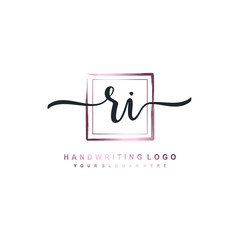 RI Initial handwriting logo design with brush box lines dark pink color gradation. handwritten logo for fashion, team, wedding, luxury logo.