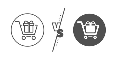 Present or Sale sign. Versus concept. Shopping cart with Gift box line icon. Birthday Shopping symbol. Package in Gift Wrap. Line vs classic shopping cart icon. Vector