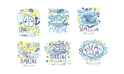 Hand Drawn Marine Labels and Logos Original Design Vector Set