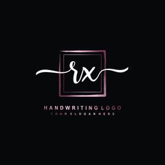 RX Initial handwriting logo design with brush box lines dark pink color gradation. handwritten logo for fashion, team, wedding, luxury logo.