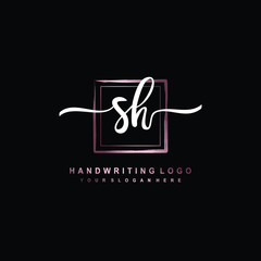 SH Initial handwriting logo design with brush box lines dark pink color gradation. handwritten logo for fashion, team, wedding, luxury logo.