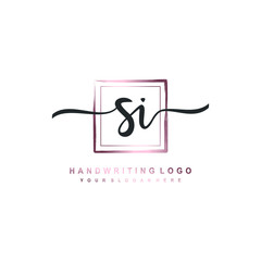 SI Initial handwriting logo design with brush box lines dark pink color gradation. handwritten logo for fashion, team, wedding, luxury logo.
