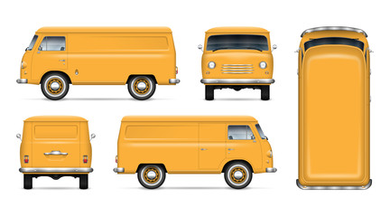 Old yellow van vector mockup on white background. Isolated minivan view from side, front, back and top. All elements in the groups on separate layers for easy editing and recolor © Yuri Schmidt