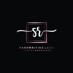 SR Initial handwriting logo design with brush box lines dark pink color gradation. handwritten logo for fashion, team, wedding, luxury logo.