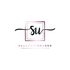 Obraz premium SU Initial handwriting logo design with brush box lines dark pink color gradation. handwritten logo for fashion, team, wedding, luxury logo.