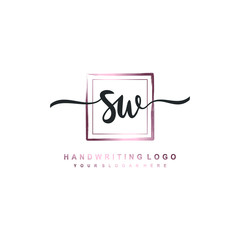SW Initial handwriting logo design with brush box lines dark pink color gradation. handwritten logo for fashion, team, wedding, luxury logo.