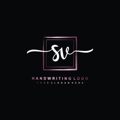 SV Initial handwriting logo design with brush box lines dark pink color gradation. handwritten logo for fashion, team, wedding, luxury logo.