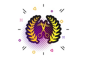 Scissors cut hair sign icon. Halftone dots pattern. Hairdresser or barbershop laurel wreath symbol. Winner award. Classic flat scissors icon. Vector