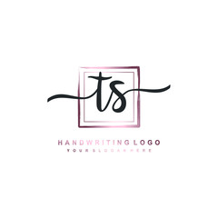 TS Initial handwriting logo design with brush box lines dark pink color gradation. handwritten logo for fashion, team, wedding, luxury logo.