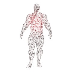 Obraz premium Bodybuilder silhouette. Icon of the posing athlete. Molecule and communication style icon. Connected lines with dots.