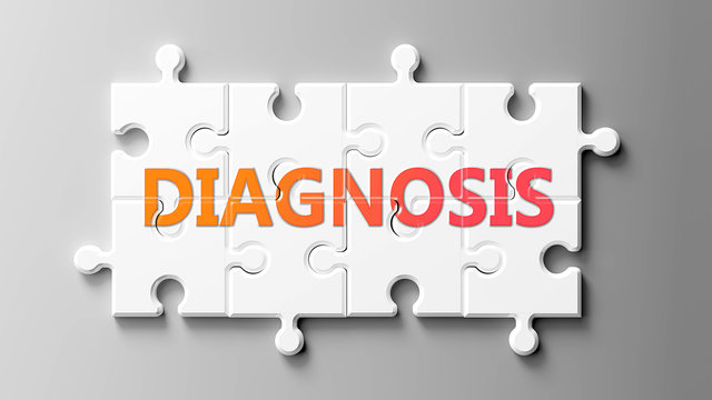 Diagnosis complex like a puzzle - pictured as word Diagnosis on a puzzle pieces to show that Diagnosis can be difficult and needs cooperating pieces that fit together, 3d illustration
