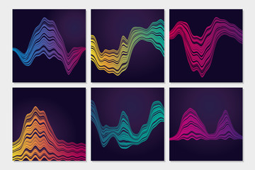 Dynamic smooth line set. Vector abstract minimal covers with wavy shapes. Vibe and curved stripes pattern. Digital landscape futuristic design.