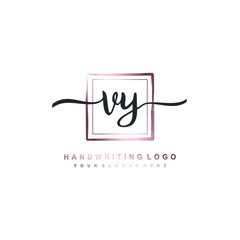 VY Initial handwriting logo design with brush box lines dark pink color gradation. handwritten logo for fashion, team, wedding, luxury logo.