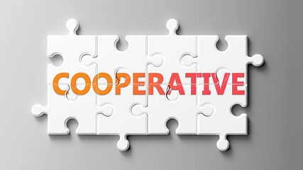 Cooperative complex like a puzzle - pictured as word Cooperative on a puzzle pieces to show that Cooperative can be difficult and needs cooperating pieces that fit together, 3d illustration - obrazy, fototapety, plakaty