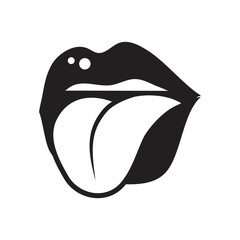 Open mouth with female lips and tongue sticking out close-up monochrome black and white vector icon isolated on white background. Facial expression concept cartoon illustration