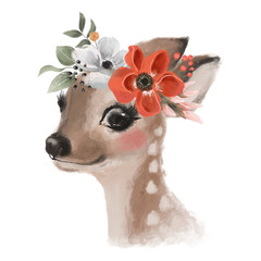 Ładny ręcznie rysowane jelenia, Jelonek w wieniec kwiatowy, bukiet kwiatów, lasy akwarela portret zwierząt - 303558916