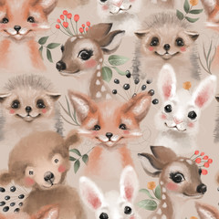 Beautiful floral seamless, tileable, watercolor pattern with woodland animals - deer, bunny, hedgehog, bear and fox