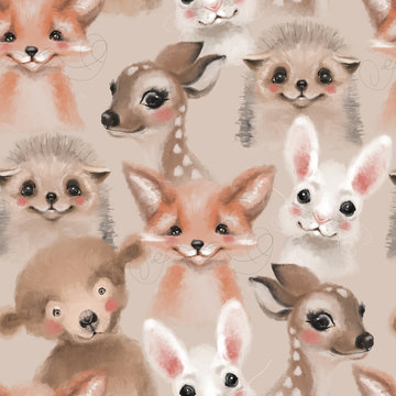 Beautiful seamless, tileable, watercolor pattern with woodland animals - deer, bunny, hedgehog, bear and fox