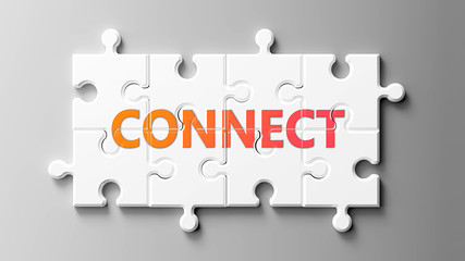 Connect complex like a puzzle - pictured as word Connect on a puzzle pieces to show that Connect can be difficult and needs cooperating pieces that fit together, 3d illustration