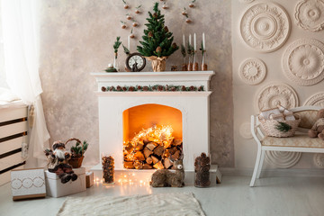 Decorated Christmas fireplace at home. Holiday concept