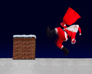 The unhappy Santa Claus slipped with bag on a snowy roof with the chimney. Santa Claus accident...