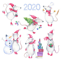 Set with New Year (Christmas) pretty mice (rats) with Christmas tree and balls, gift boxes, cookies, on skates. Hand drawn watercolor illustration for winter design with new year 2020 symbol.