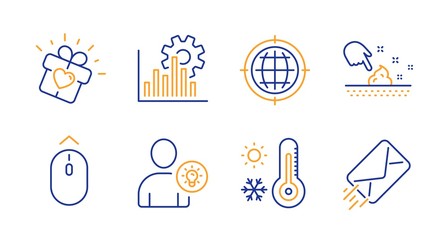 Fototapeta premium Seo internet, Seo graph and Weather thermometer line icons set. Swipe up, Skin moisture and Love gift signs. User idea, E-mail symbols. Globe, Analytics chart. Line seo internet icon. Vector