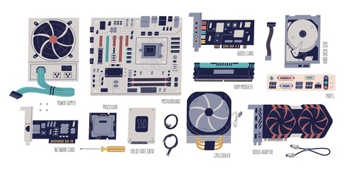 Fototapeta Computer hardware colorful flat vector illustrations set. Motherboard, network, audio and video card, processor, adapter. Processor cooler, power supply, ports and cables collection. obraz