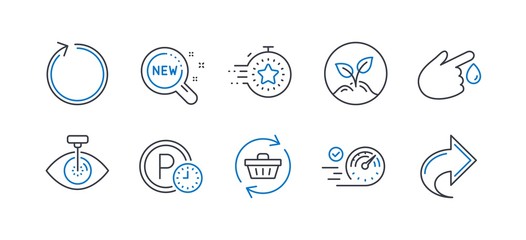 Set of Business icons, such as Refresh cart, Parking time, Blood donation, Speedometer, Startup, Eye laser, Loop, Timer, New products, Share line icons. Online shopping, Park clock. Vector