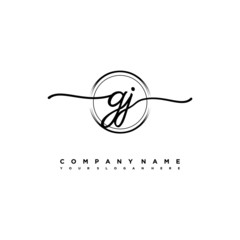 GJ Initial handwriting logo design with brush circle lines black color. handwritten logo for fashion, team, wedding, luxury logo.