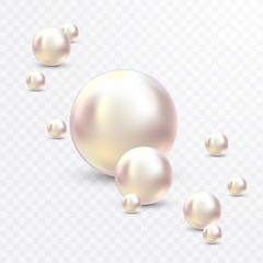 Vector Illustration for your design. Luxury beautiful shining jewellery background with white pearls vector illustration. Beautiful shiny natural pearls. With transparent glares and highlights for