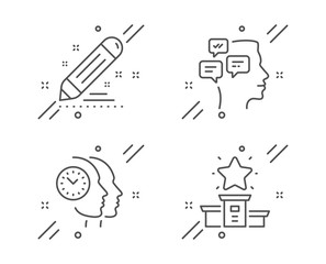 Brand contract, Time management and Messages line icons set. Winner podium sign. Edit report, Teamwork clock, Notifications. First place. Education set. Line brand contract outline icon. Vector