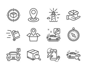 Set of Transportation icons, such as Push cart, Lighthouse, Parcel tracking, Travel compass, Search package, Hold box, Location, Search car, Parking, Flight destination, Package location. Vector
