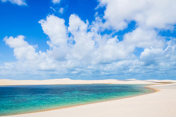White dunes amidst turquoise water and a blue sky in Brazil